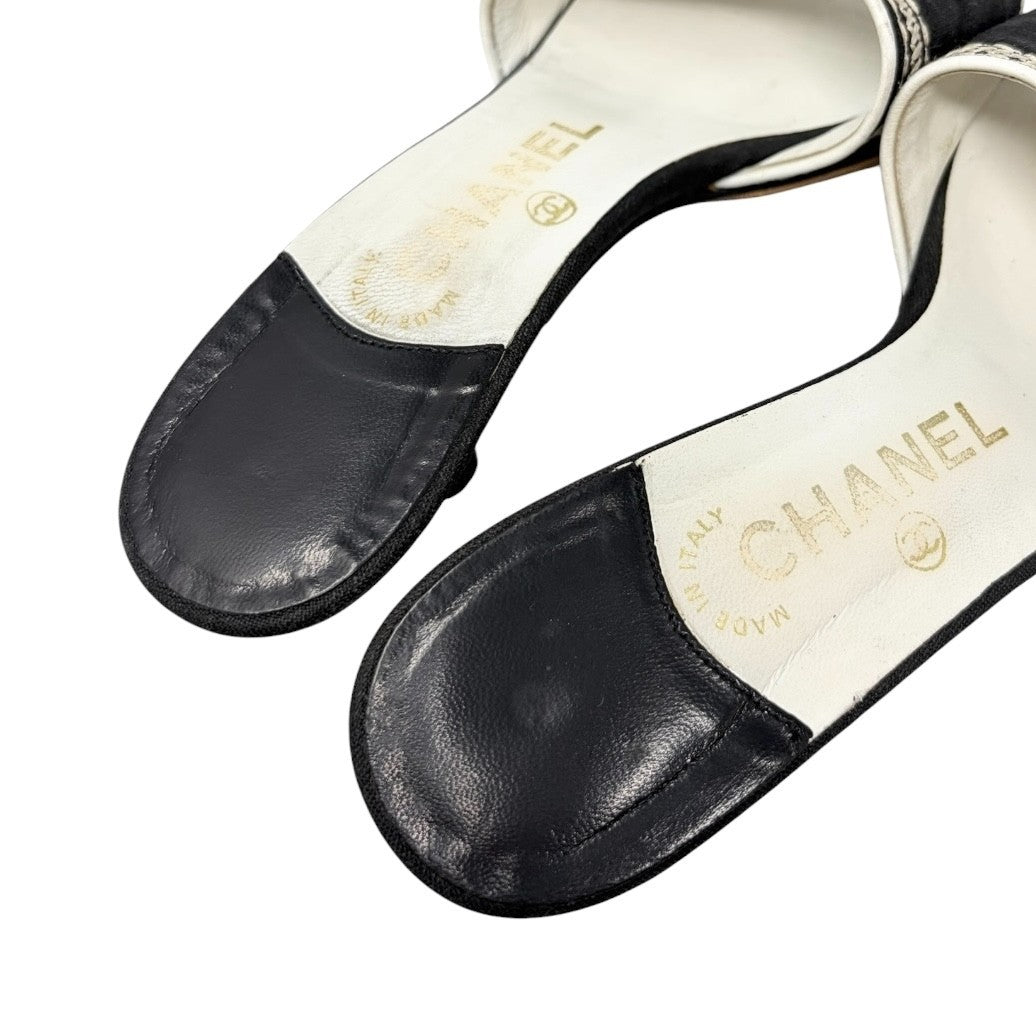 CHANEL Vintage CC Embroidery Logo Sandals Heels #36.5 Black White Canvas 902255