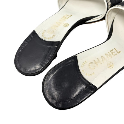 CHANEL Vintage CC Embroidery Logo Sandals Heels #36.5 Black White Canvas 902255