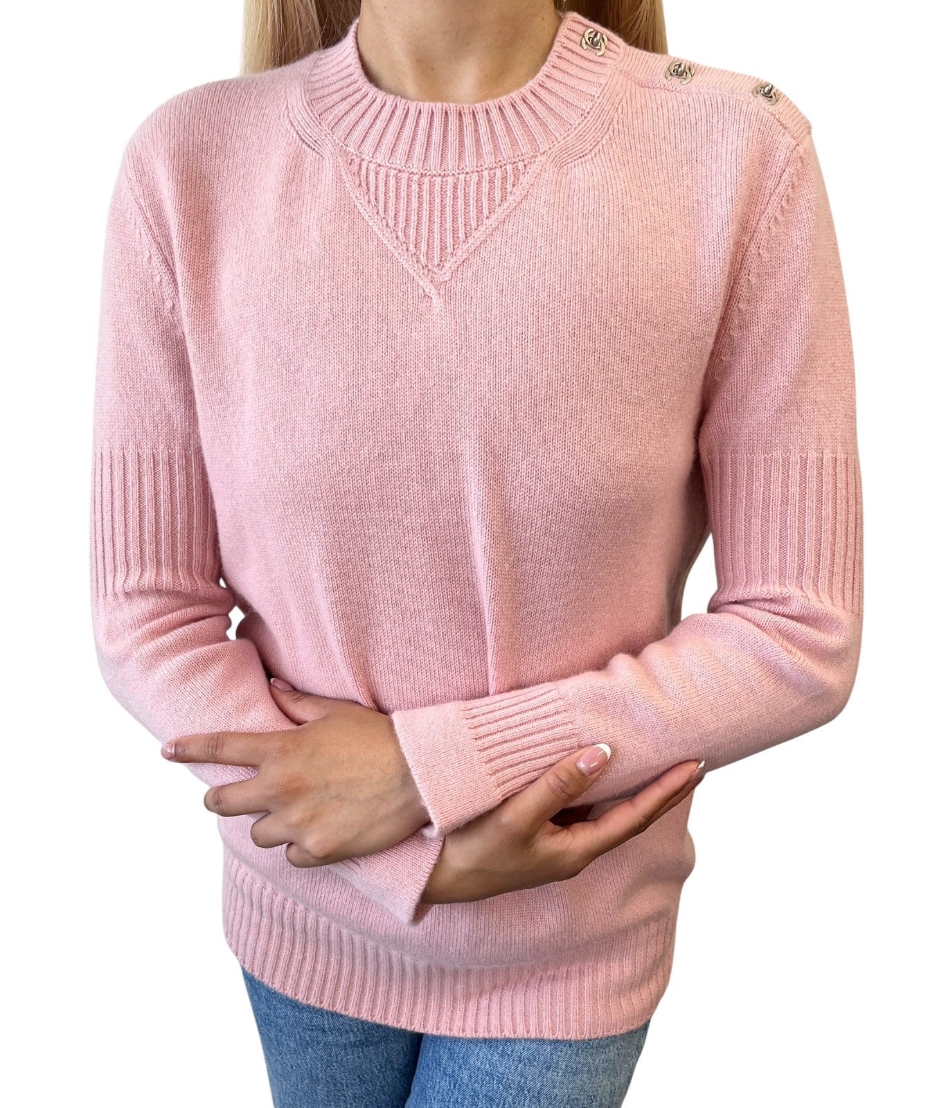 CHANEL Vintage CC Logo Turnlock Cashmere Ribbed Sweater Top #36 Pink 902225