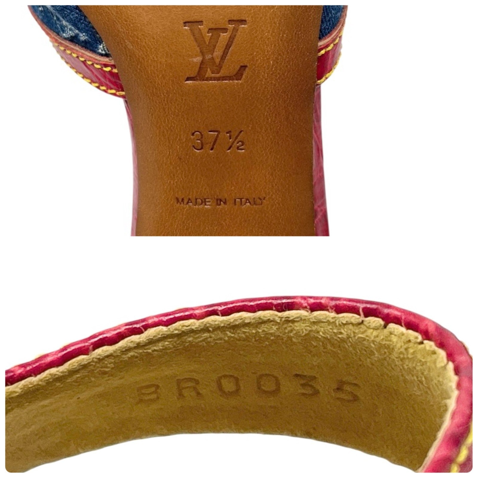 LOUIS VUITTON Vintage LV Monogram Logo Denim Sandals Heels #37-37.5 Blue Red