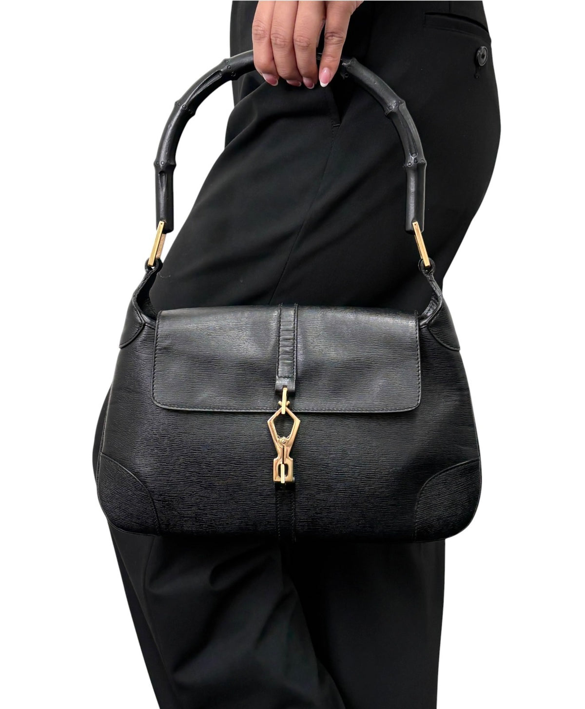 GUCCI Vintage Bamboo Jackie Shoulder Top Handle Bag Black Gold Leather 902332