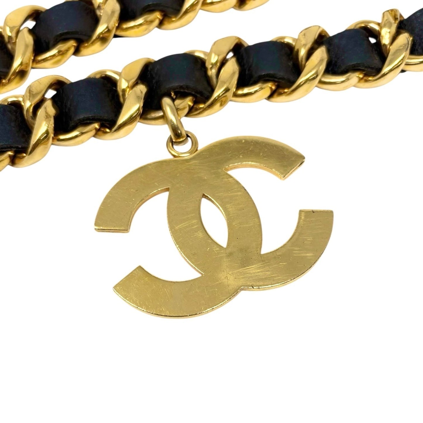 CHANEL Vintage 93A Jumbo CC Logo Metal Gold Chain Belt Leather Accessory Iconic