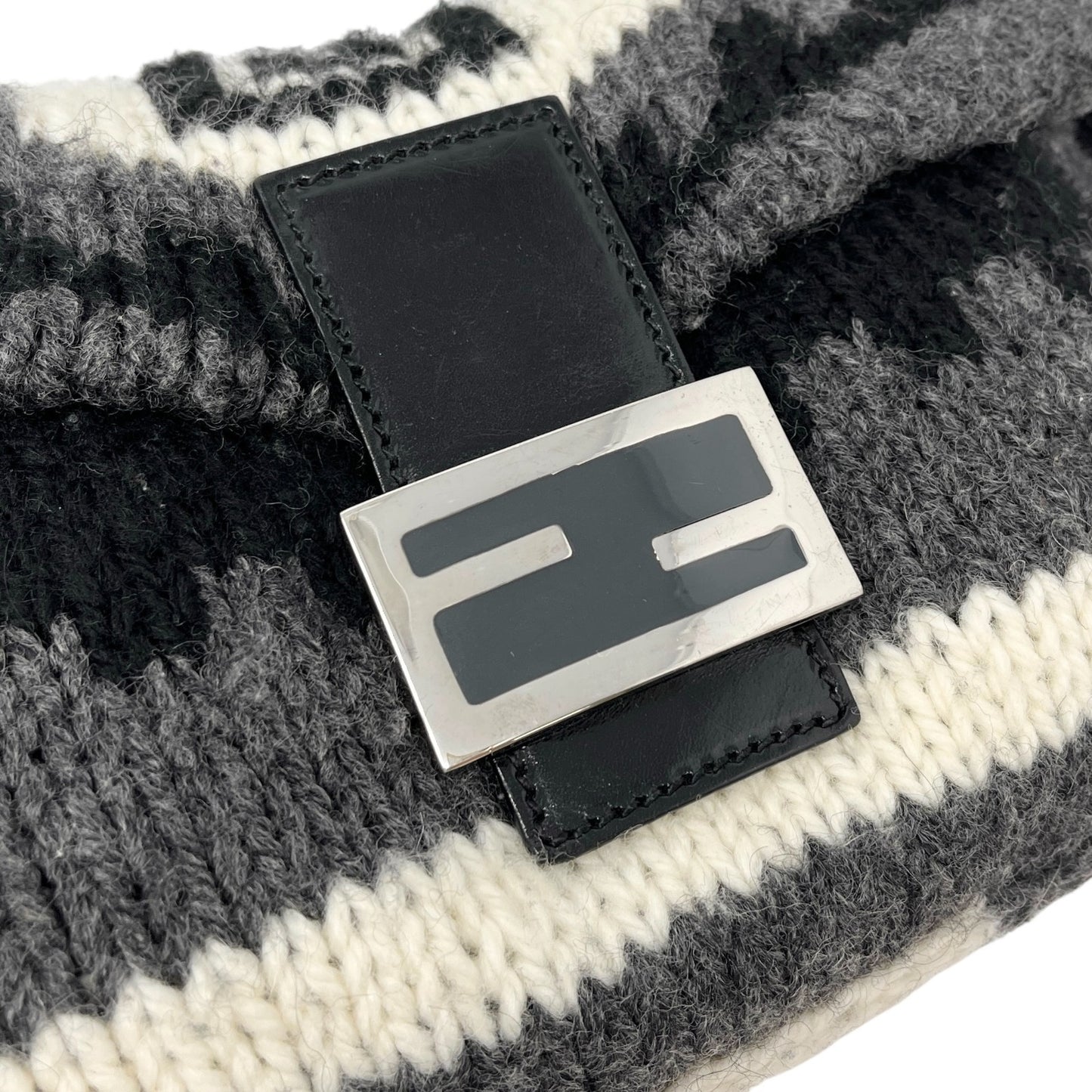 FENDI Vintage FF Logo Knit Mamma Baguette Shoulder Bag Black Gray Silver Wool