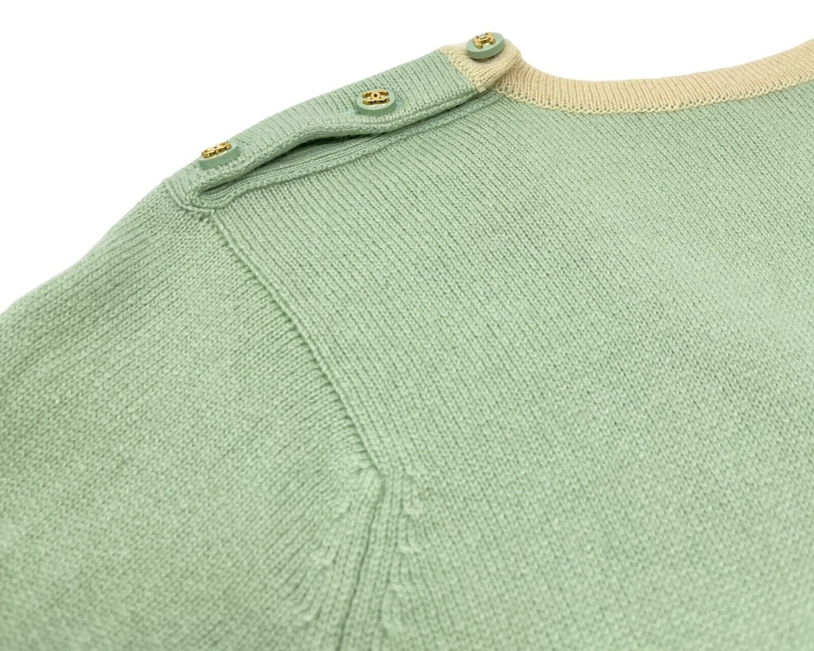 CHANEL Vintage 96C CC Logo Knit Top #40 Light Green Gold Button Cashmere RankAB
