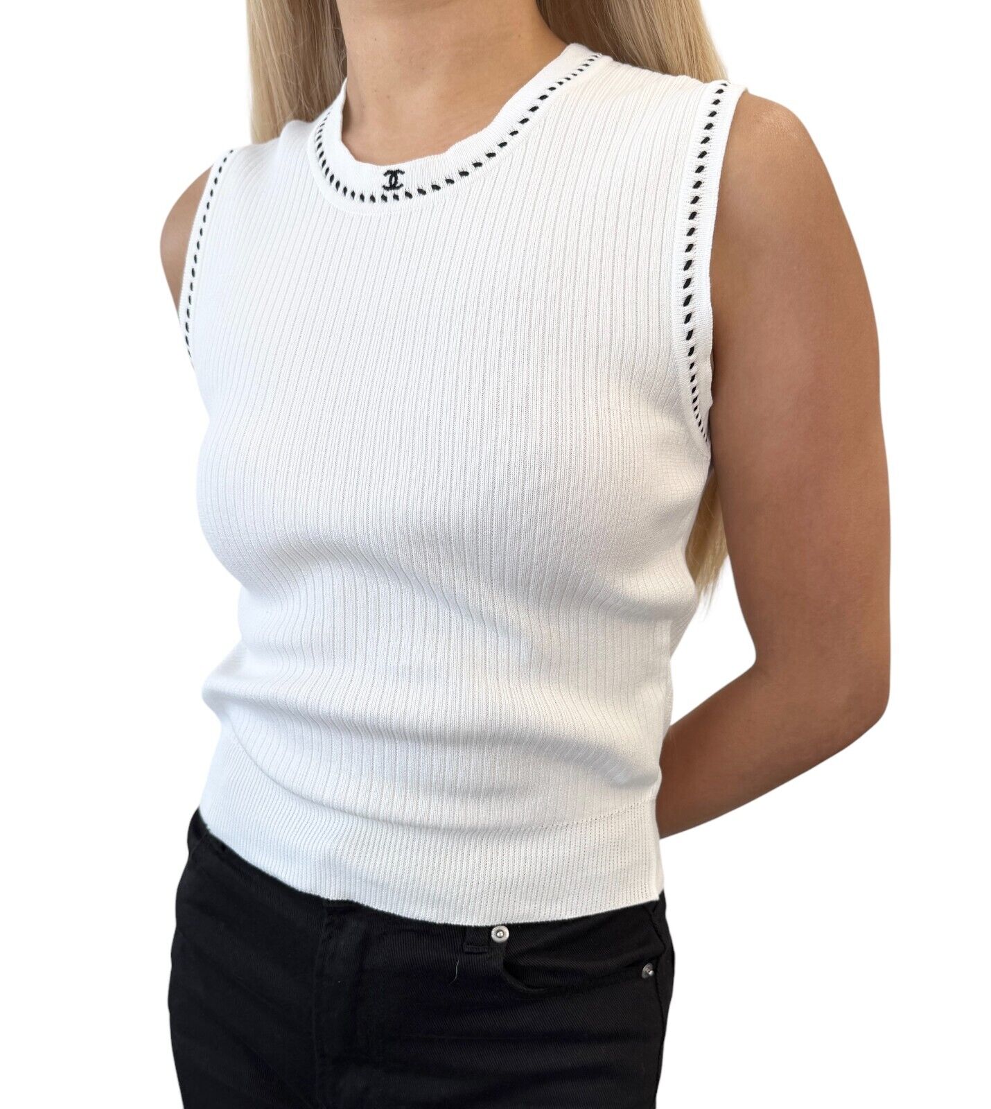 CHANEL Vintage 96P CC Logo Knit Tank Top #40 White Black Cotton Stitch