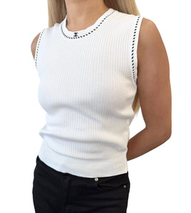 CHANEL Vintage 96P CC Logo Knit Tank Top #40 White Black Cotton Stitch