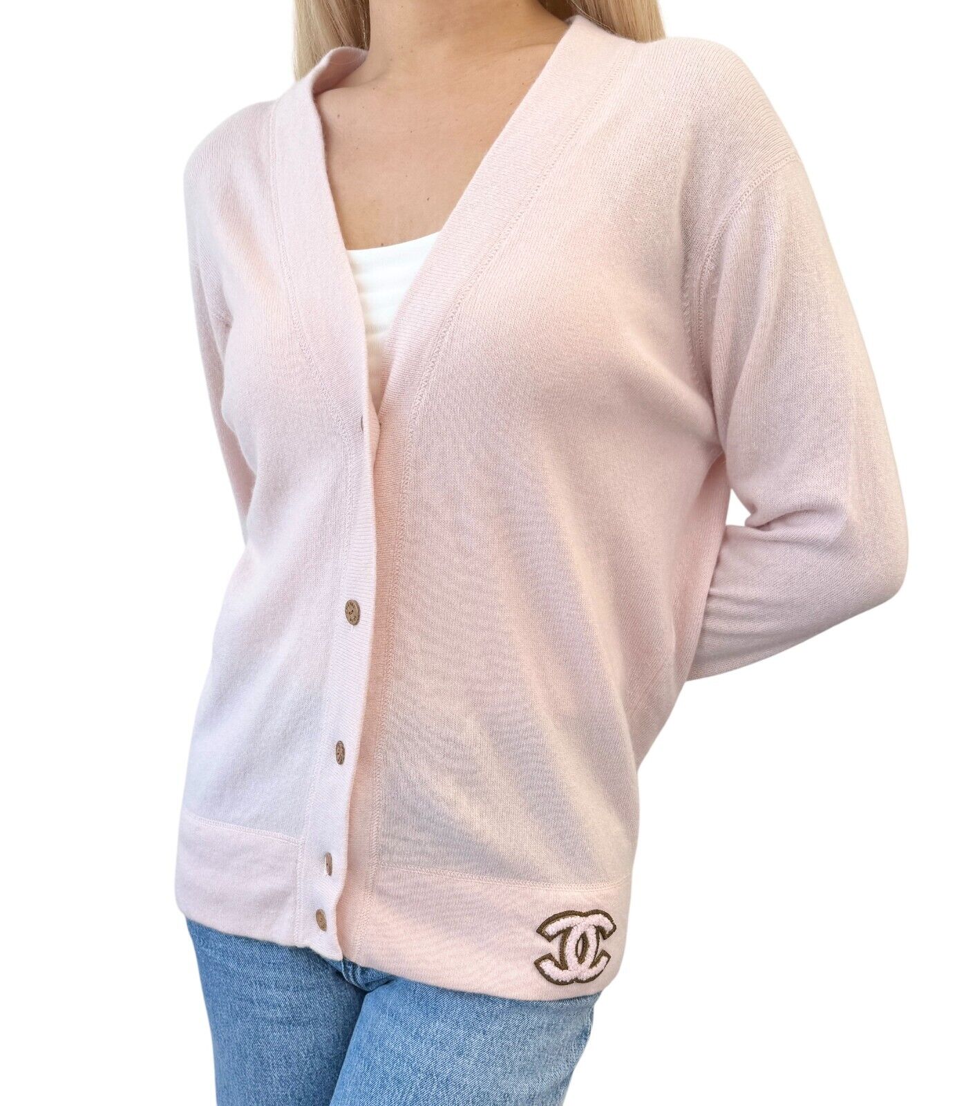 CHANEL Vintage 01A CC Mark Logo Knit Cardigan #42 Pink Brown Cashmere Stitch