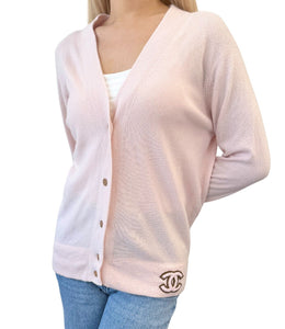 CHANEL Vintage 01A CC Mark Logo Knit Cardigan #42 Pink Brown Cashmere Stitch