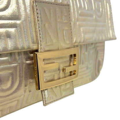 FENDI Vintage FF Logo Embossed Mamma Baguette Shoulder Bag Gold Nylon 902315