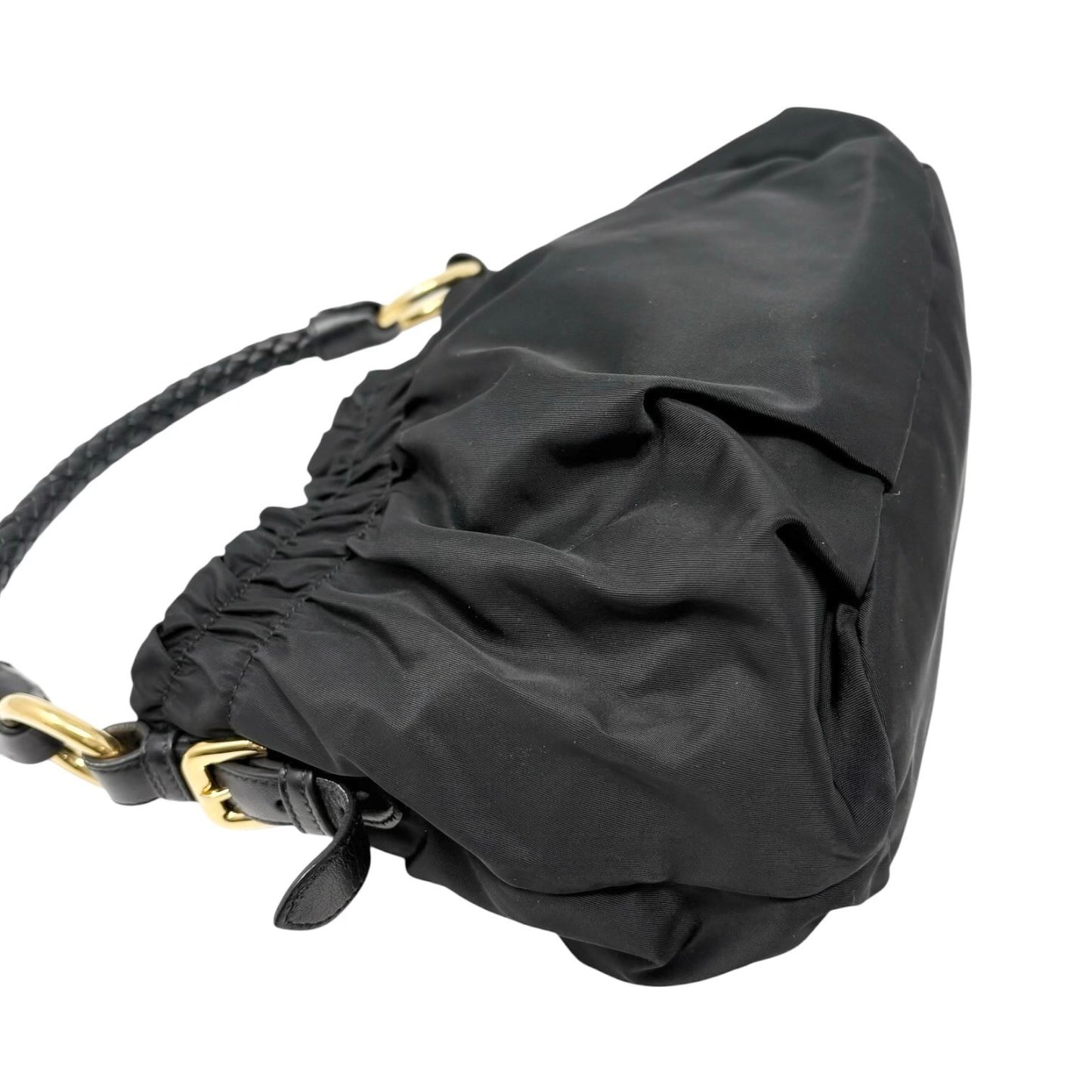PRADA Vintage Logo Tessuto Nylon Shoulder Bag Black Gold Ribbon Leather