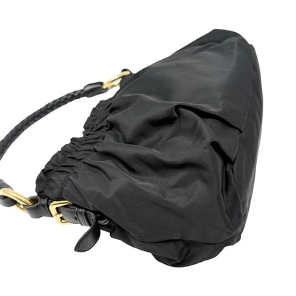 PRADA Vintage Logo Tessuto Nylon Shoulder Bag Black Gold Ribbon Leather