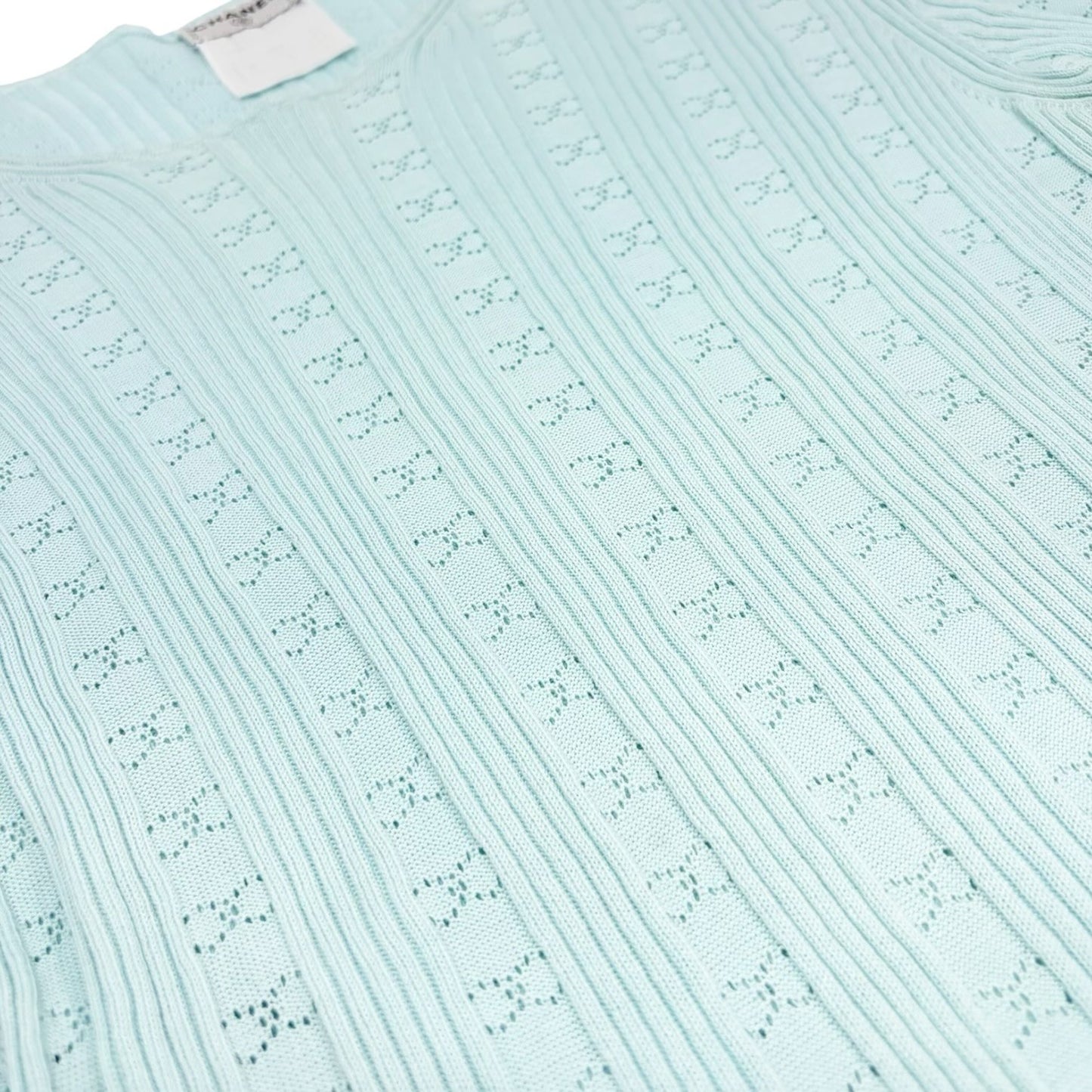 CHANEL Vintage CC Logo Rib Knit T-shirt Top Light Blue Cotton 901807