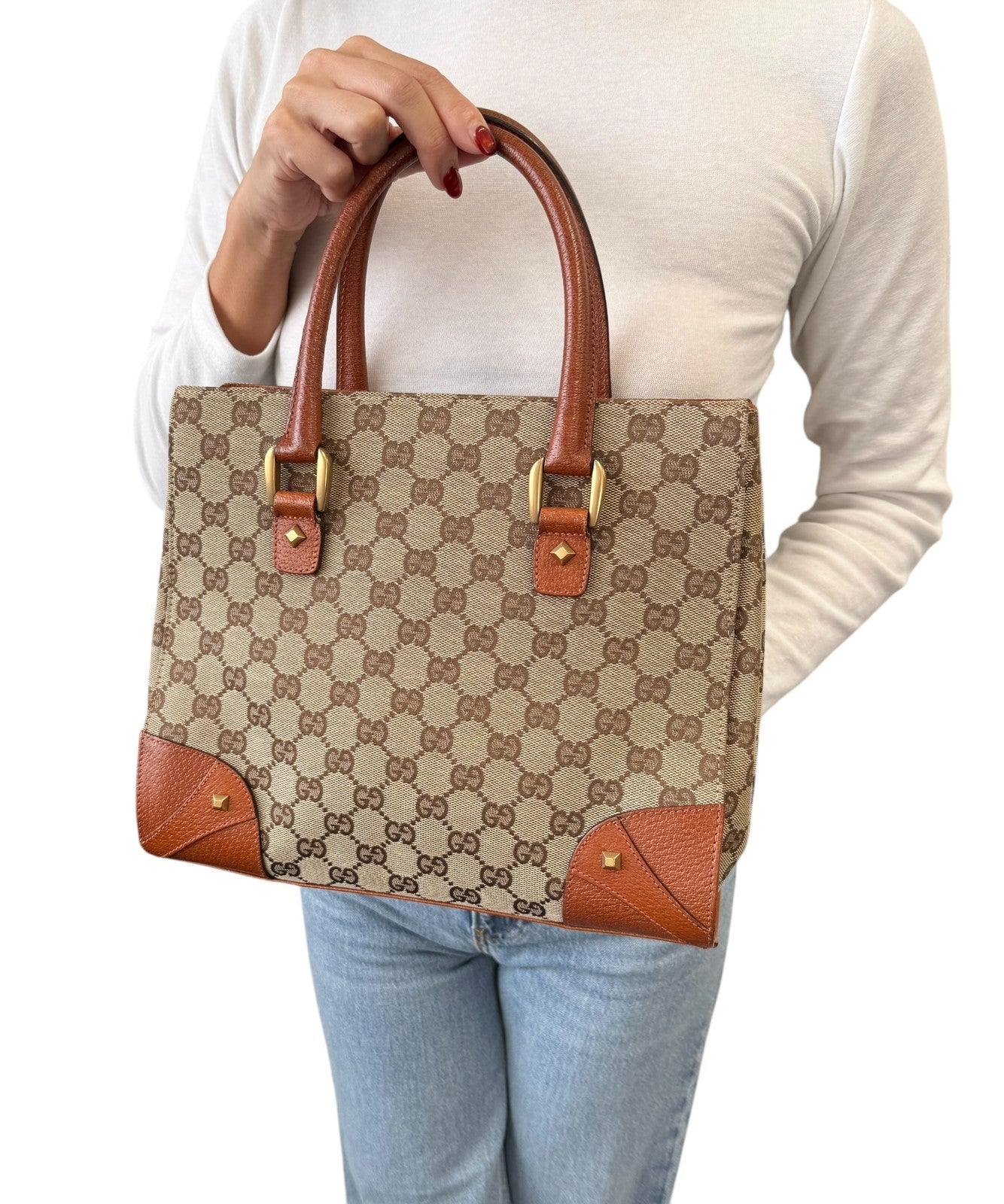 GUCCI Vintage GG Canvas Monogram Tote Bag Nailhead Orange Brown Studs Leather
