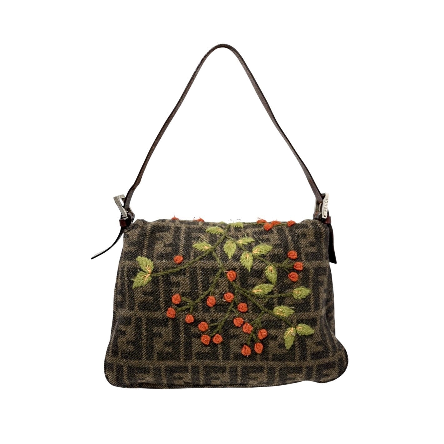 FENDI Vintage FF Mamma Baguette Wool Knit Shoulder Bag Brown Flower