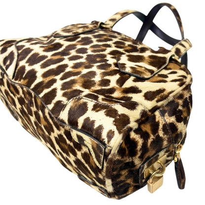 PRADA Vintage Leopard Pony Calf Hair Shoulder Top Handle Bag Cream Brown 902393
