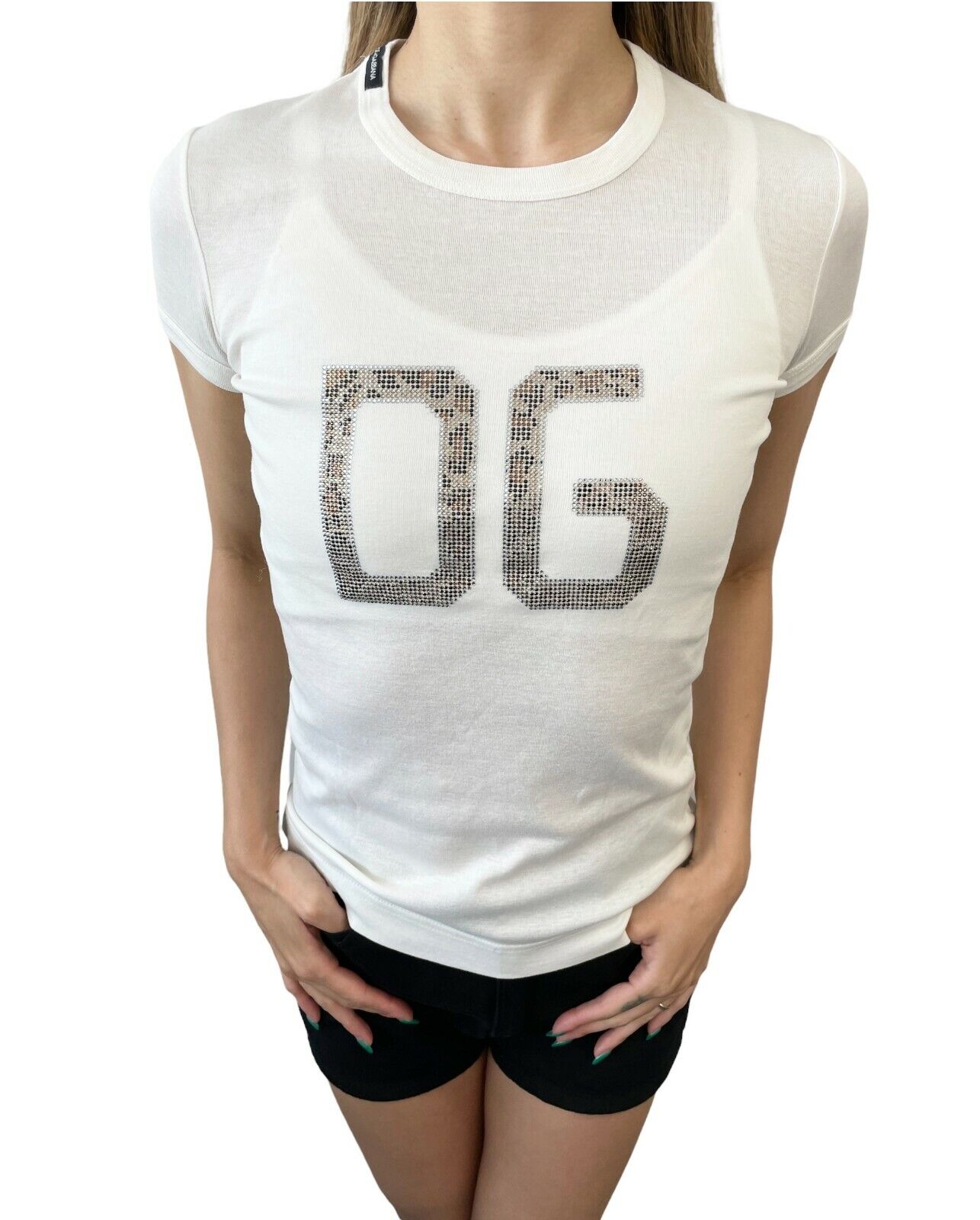 DOLCE&GABBANA Vintage Leopard Rhinestone T-shirts #38 Top White Cotton RankAB