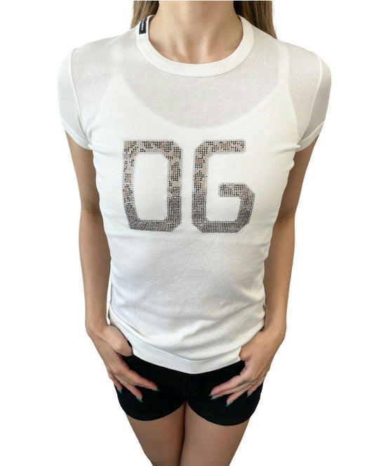 DOLCE&GABBANA Vintage Leopard Rhinestone T-shirts #38 Top White Cotton RankAB