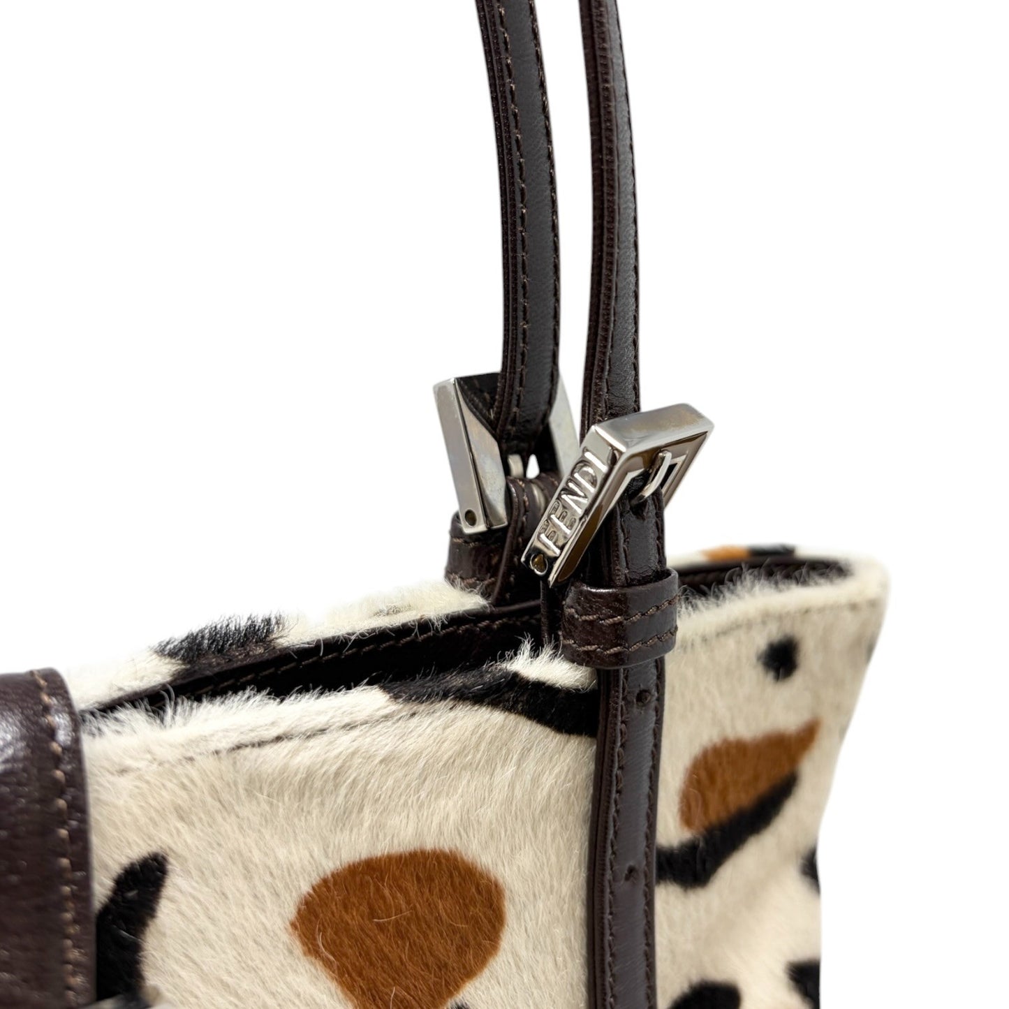 FENDI Vintage FF Logo Leopard Animal Print Tote Bag White Pony Calf Hair 901822