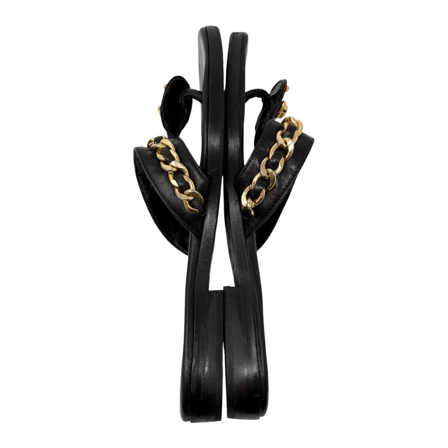 CHANEL Vintage Turnlock CC Logo Chain Sandals #37-37.5 Black Gold Leather 901814