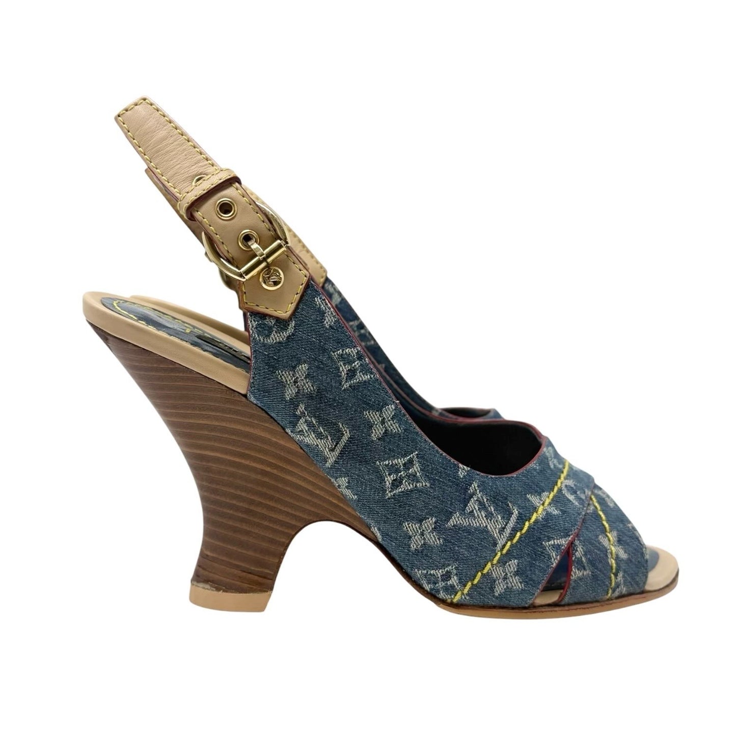 LOUIS VUITTON Vintage Monogram Denim Sandals Heels #36 Blue Beige Leather 901959