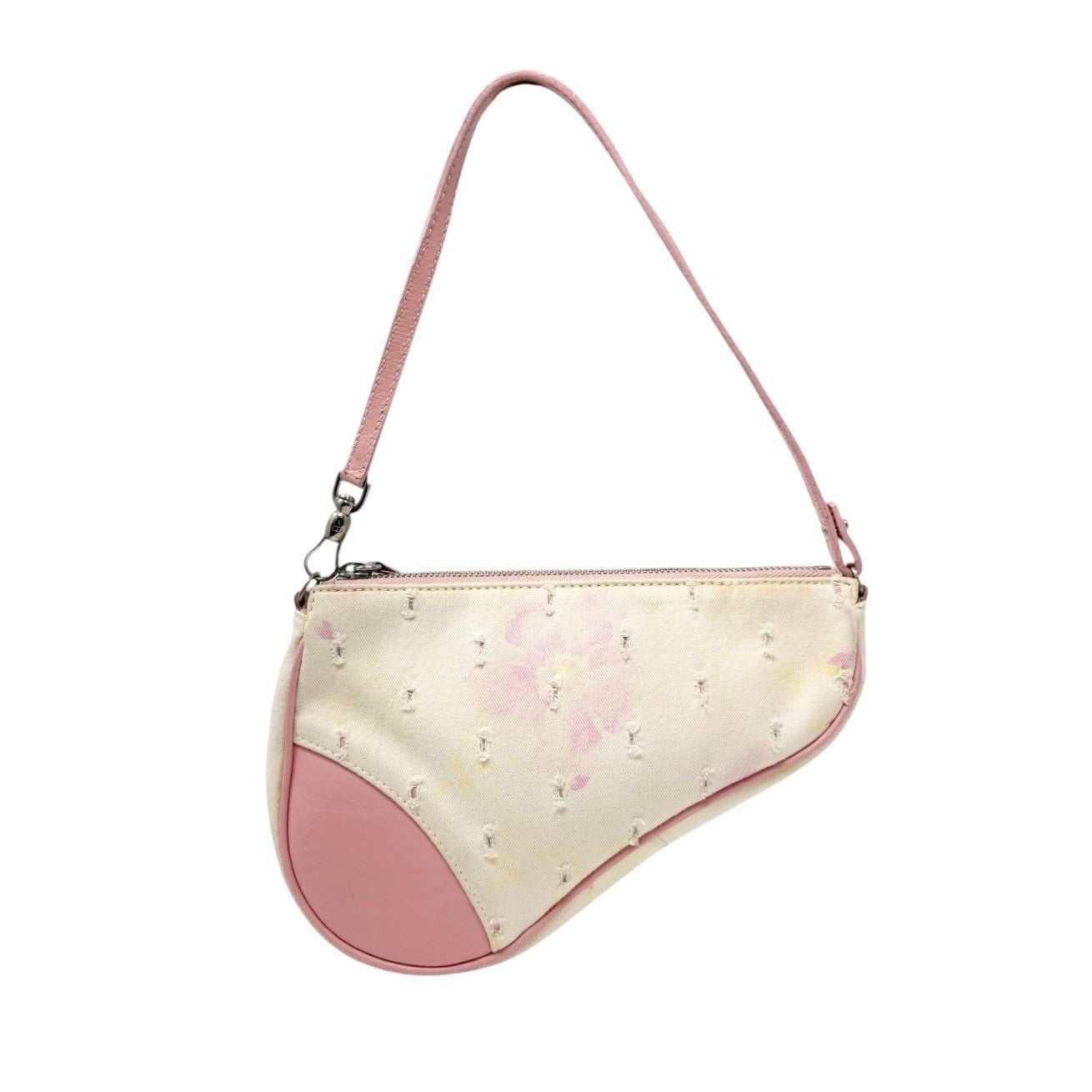 Christian Dior Vintage 2003 Distressed Floral Denim Mini Saddle Bag White Pink