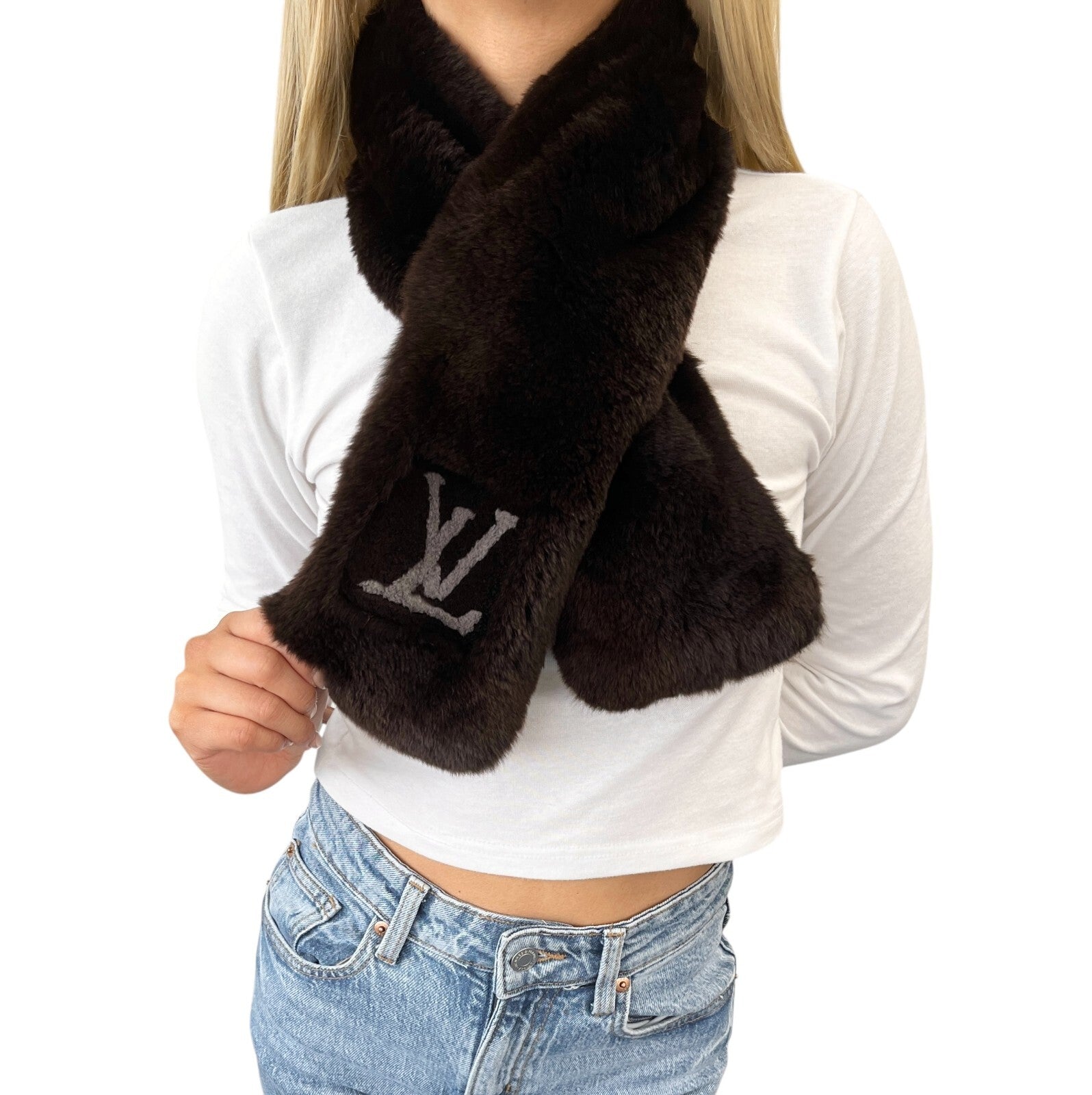 LOUIS VUITTON Vintage LV Logo Muffler Scarf Brown Gray Rabbit Fur Wool