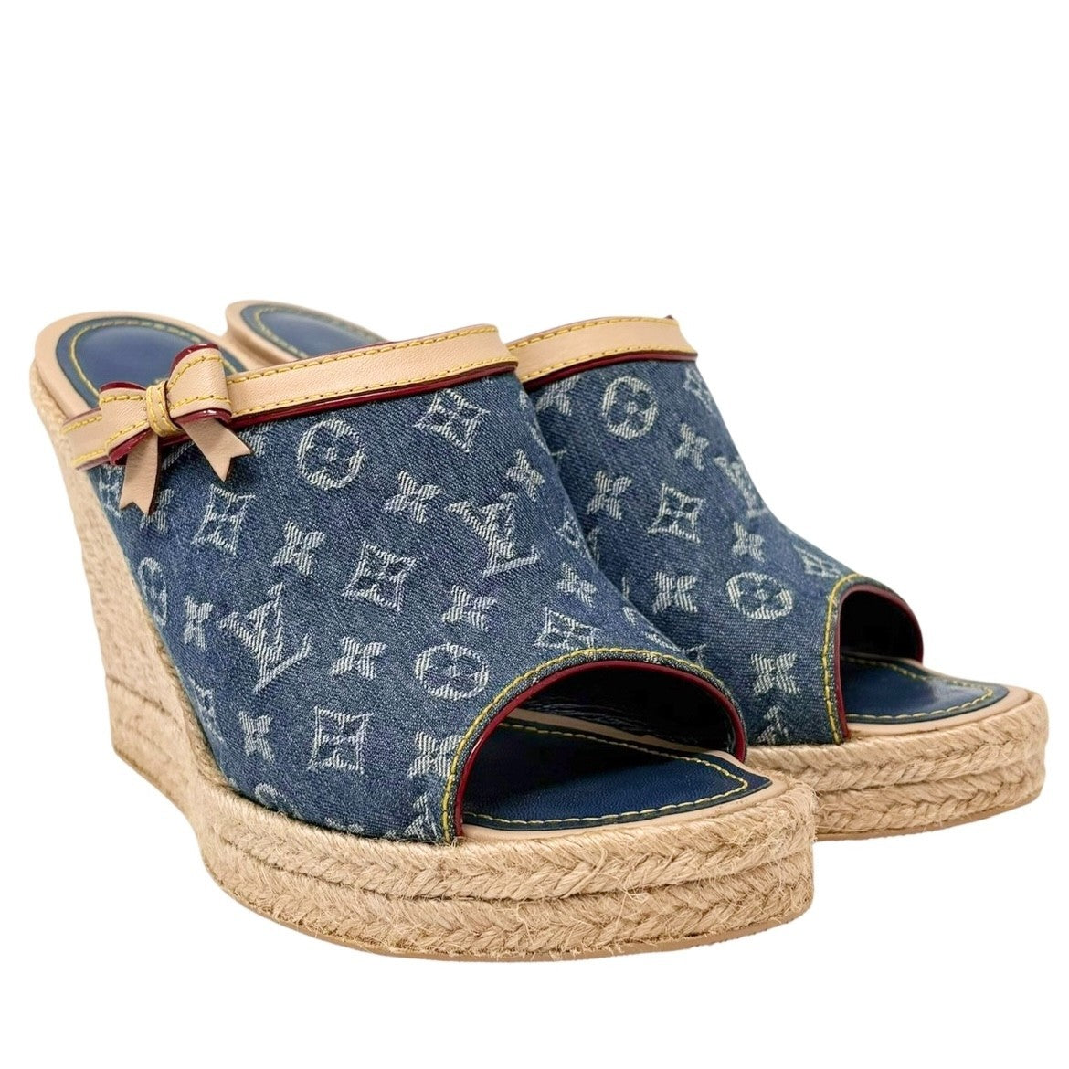 LOUIS VUITTON Vintage Monogram LV Logo Denim Sandals Heels #37.5 Blue Leather