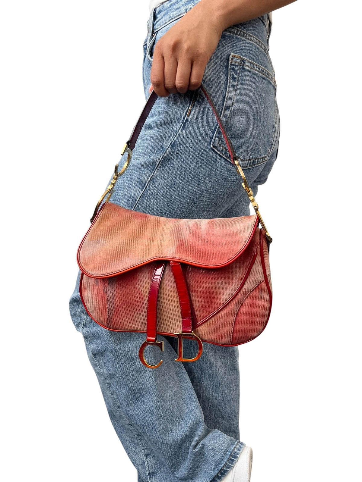 Christian Dior Vintage 2000 Double Saddle Shoulder Bag Red Gold Coated Suede