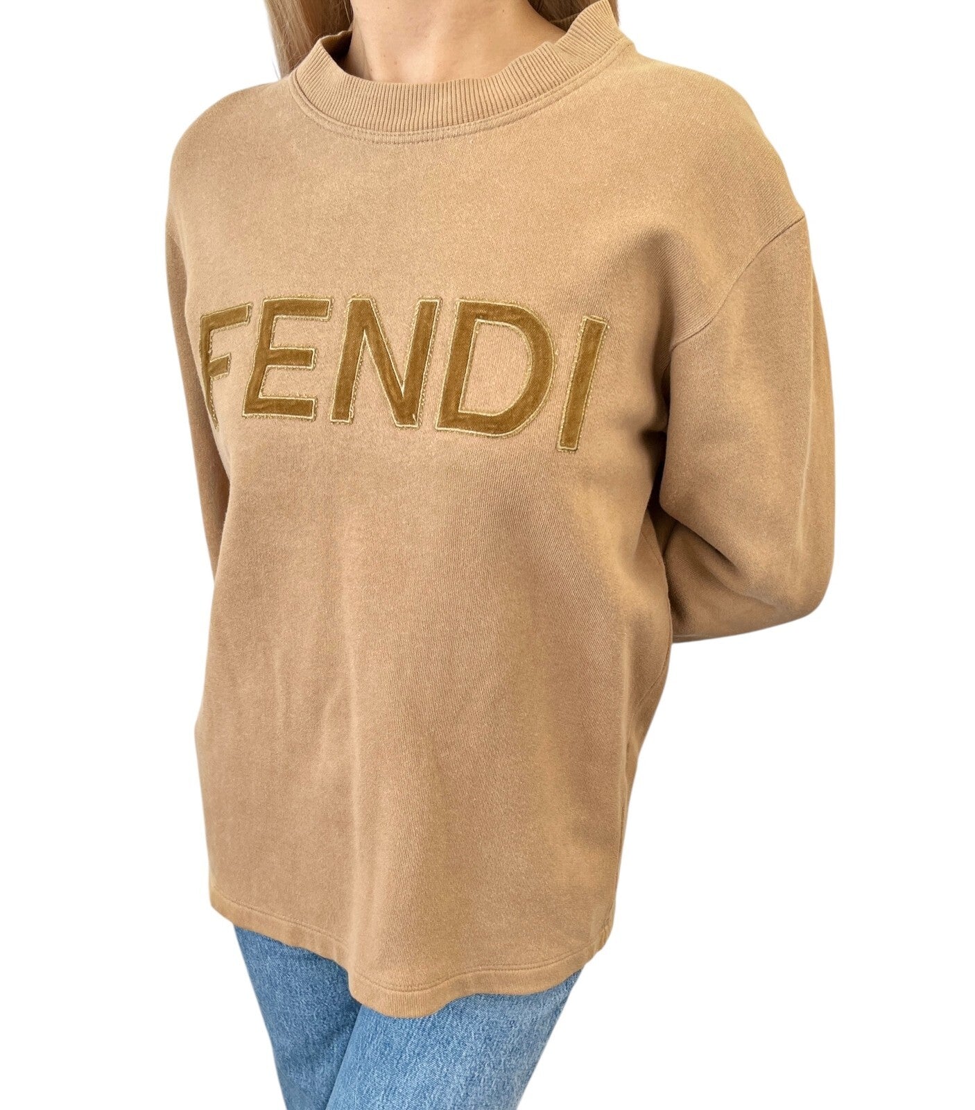 FENDI Vintage Big Logo Sweatshirt Top #38 Brown Cotton Velvet Long Sleeve