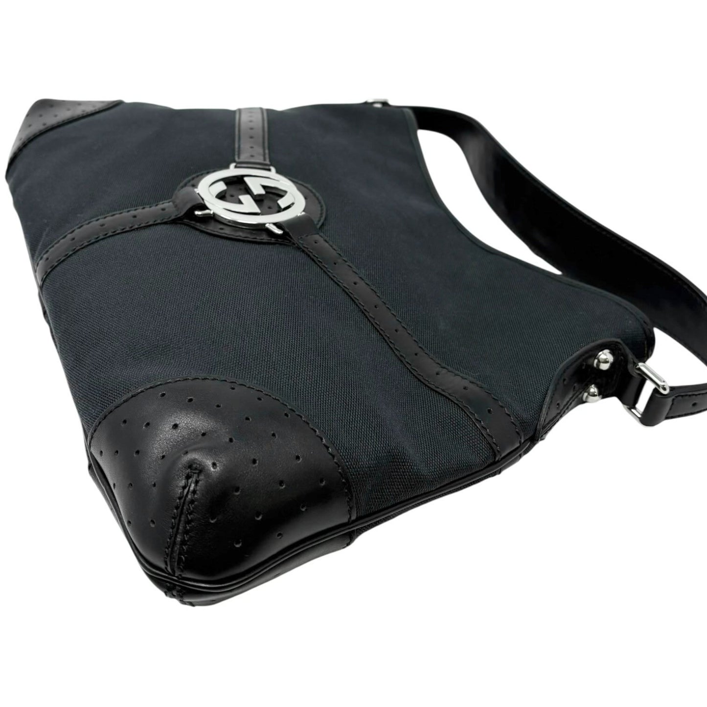 GUCCI Vintage Interlocking G Reins Perforated Cotton Hobo Bag Black Silver