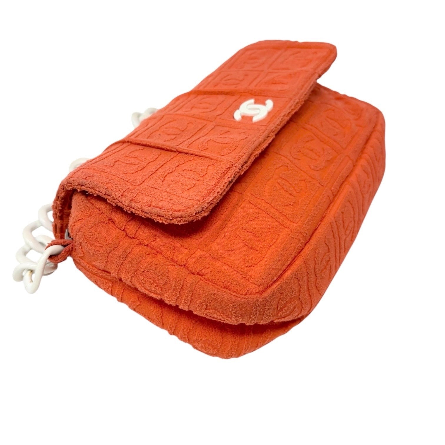 CHANEL Vintage 02S CC Logo Chain Shoulder Bag Handbag Terry Cloth Orange White