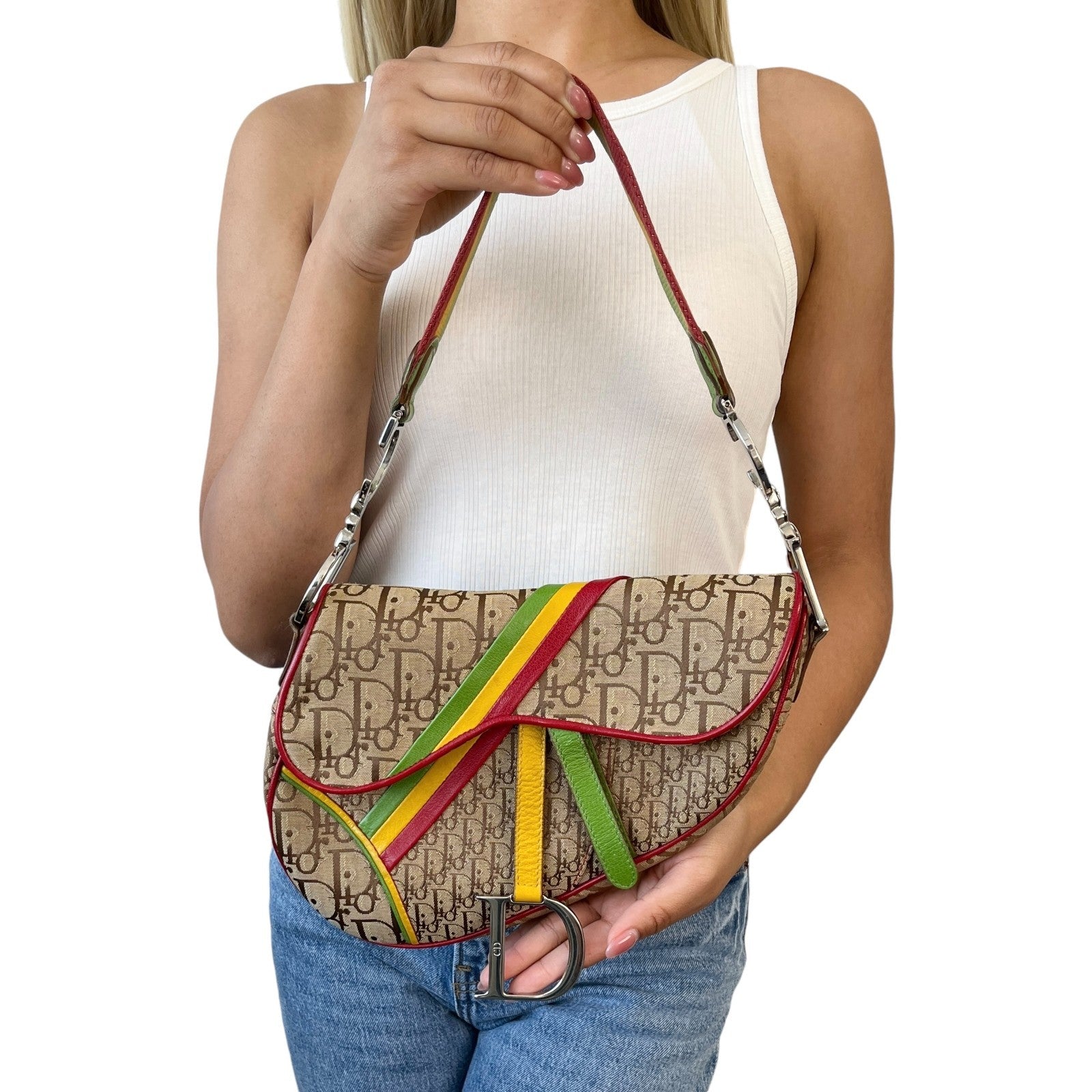 Christian Dior Vintage 2004 Trotter Monogram Logo Saddle Bag Rasta Brown PVC