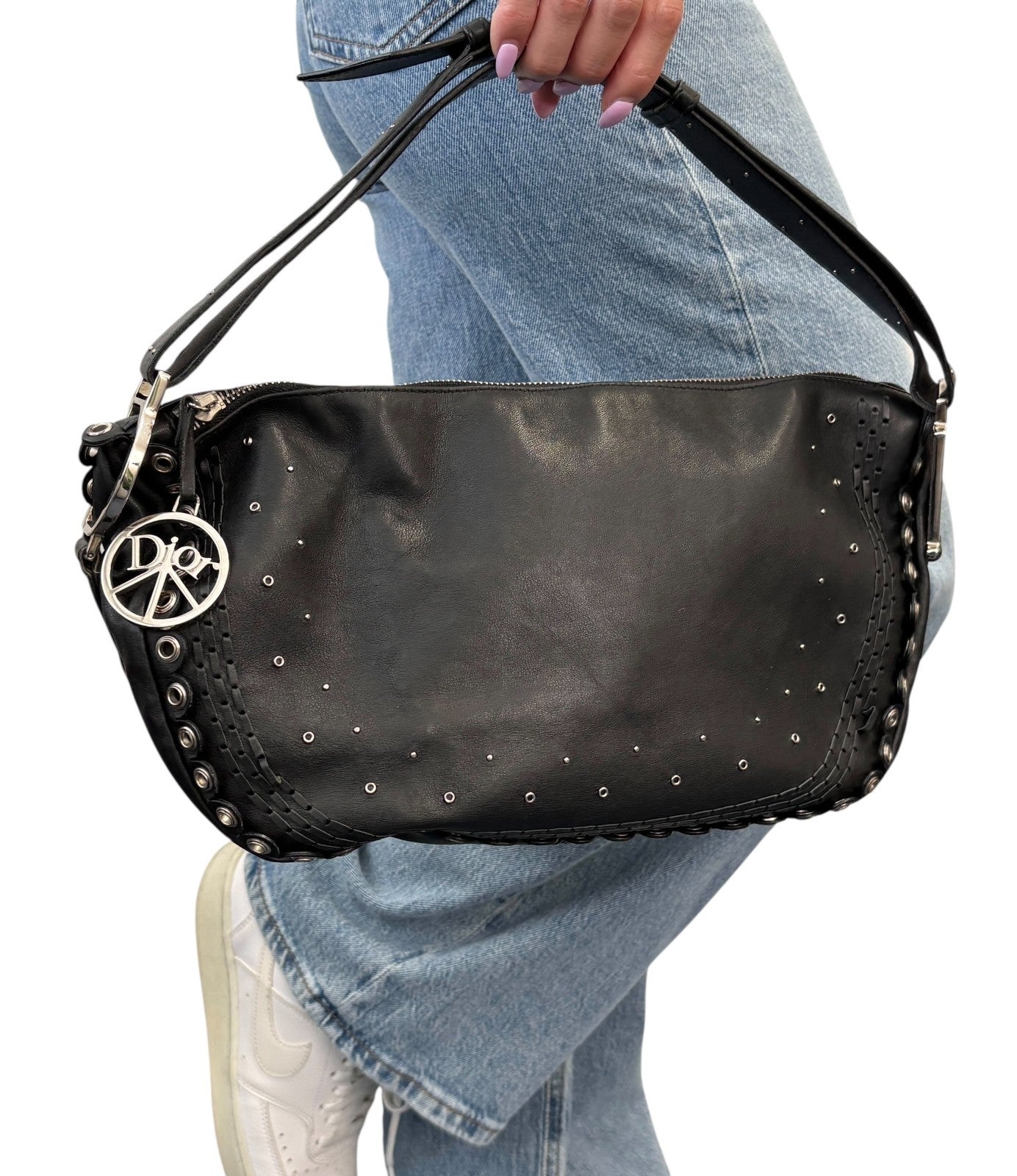 Christian Dior Vintage Peace and Love Leather Hobo Bag Black Silver Studs