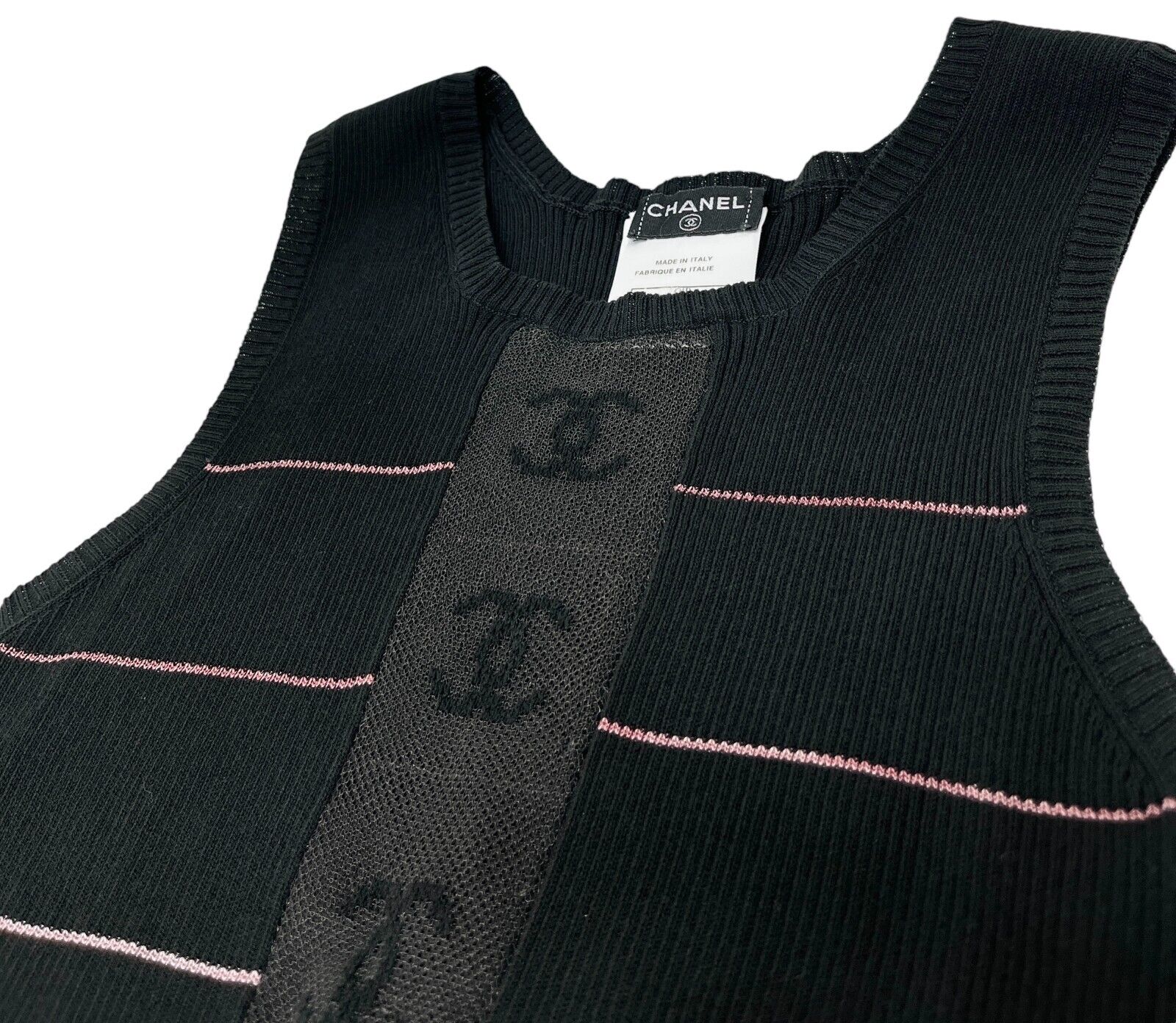 CHANEL Vintage 04P CC Logo Mesh See-through Ribbed Tank Top #38 Black Rank AB