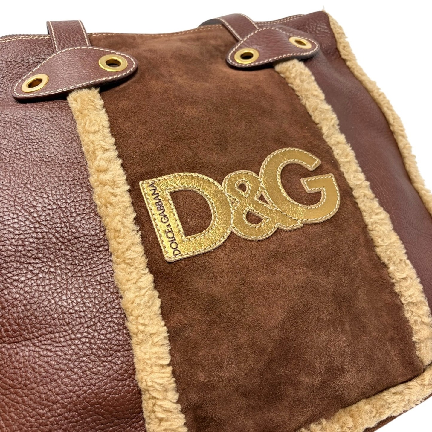DOLCE&GABBANA Vintage DG Logo Fur Tote Shoulder Bag Brown Beige Suede 902426