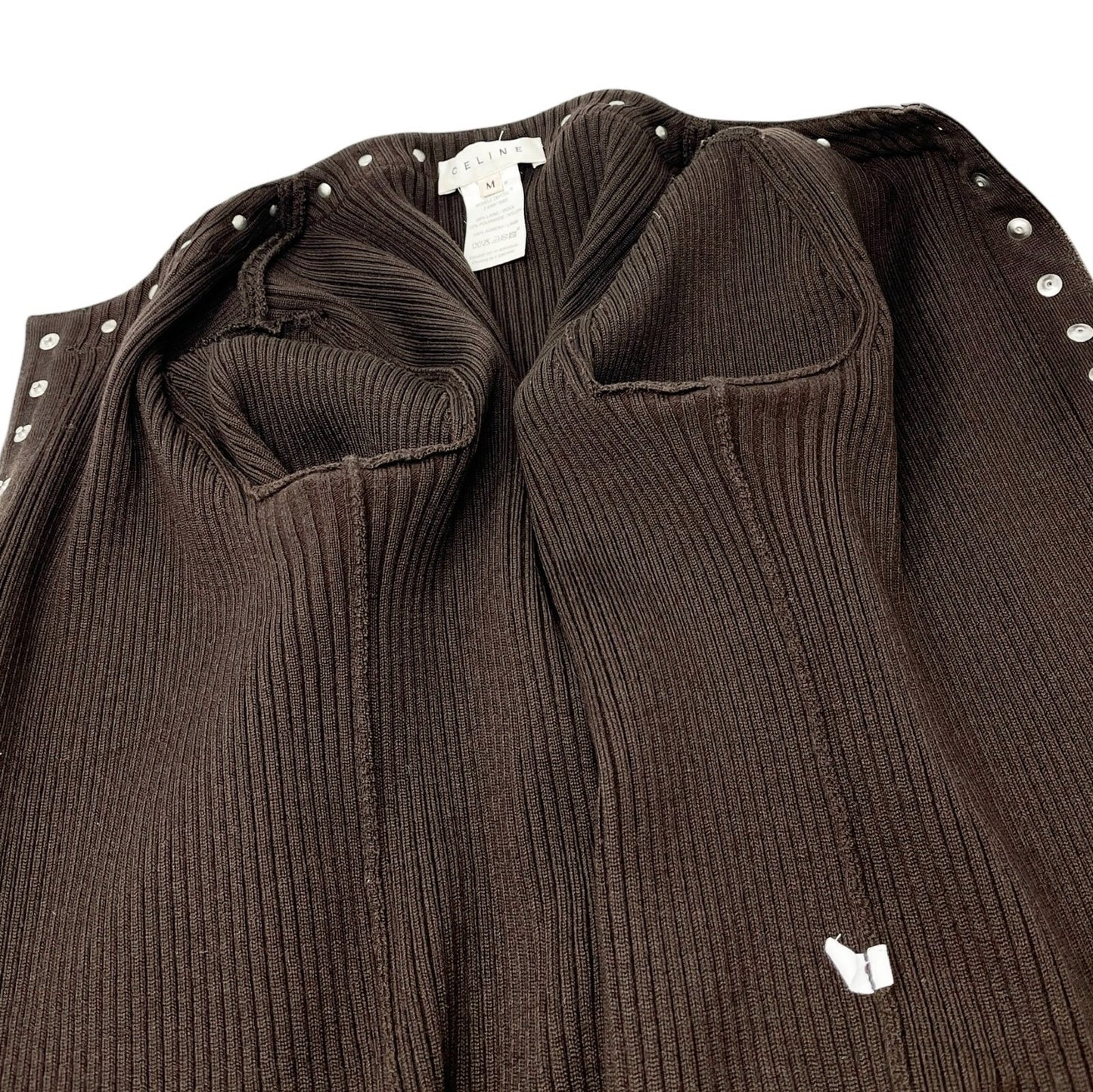 CELINE Vintage Macadam Logo Rib Knit Cardigan #M Snap Button Brown Wool Leather