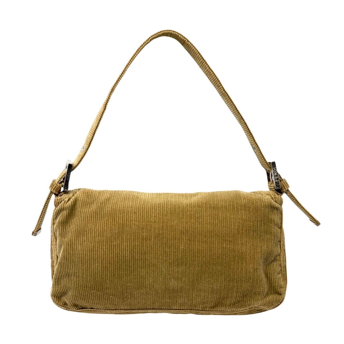 FENDI Vintage FF Logo Mamma Baguette Corduroy Shoulder Bag Beige Silver