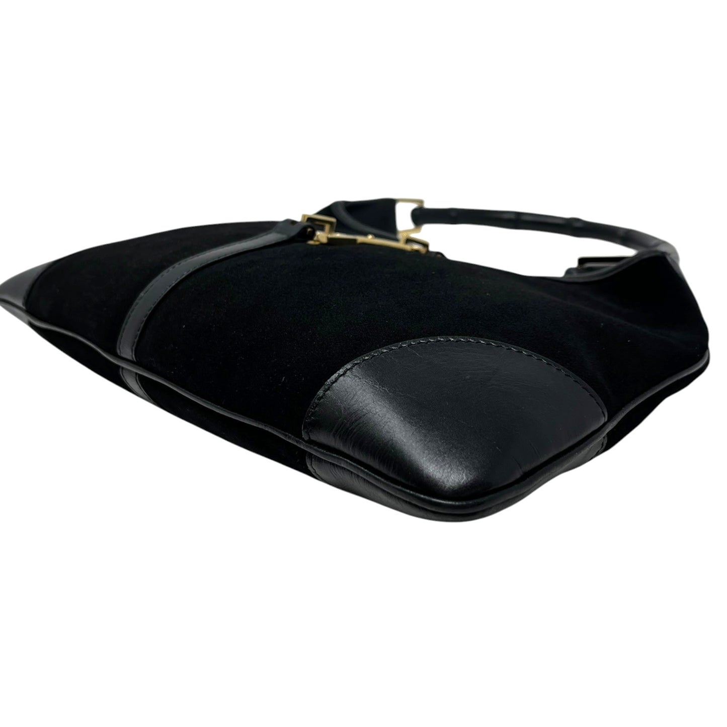 Gucci Vintage Bamboo Top Hobo Shoulder Bag Black Gold Suede Leather 106544