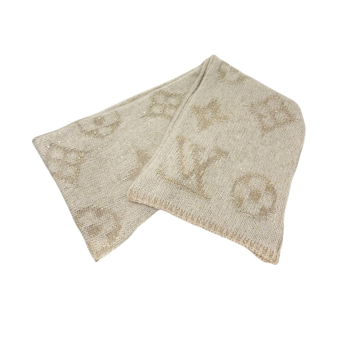 LOUIS VUITTON Vintage LV Monogram Knit Sequins Scarf Shawl Wrap Beige Mohair