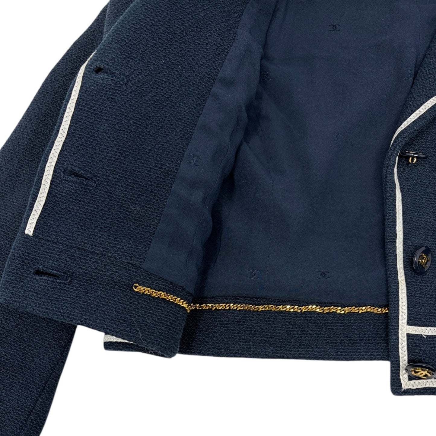 CHANEL Vintage P95 CC Logo Collared Cropped Jacket #42 Dark Blue Cotton Button