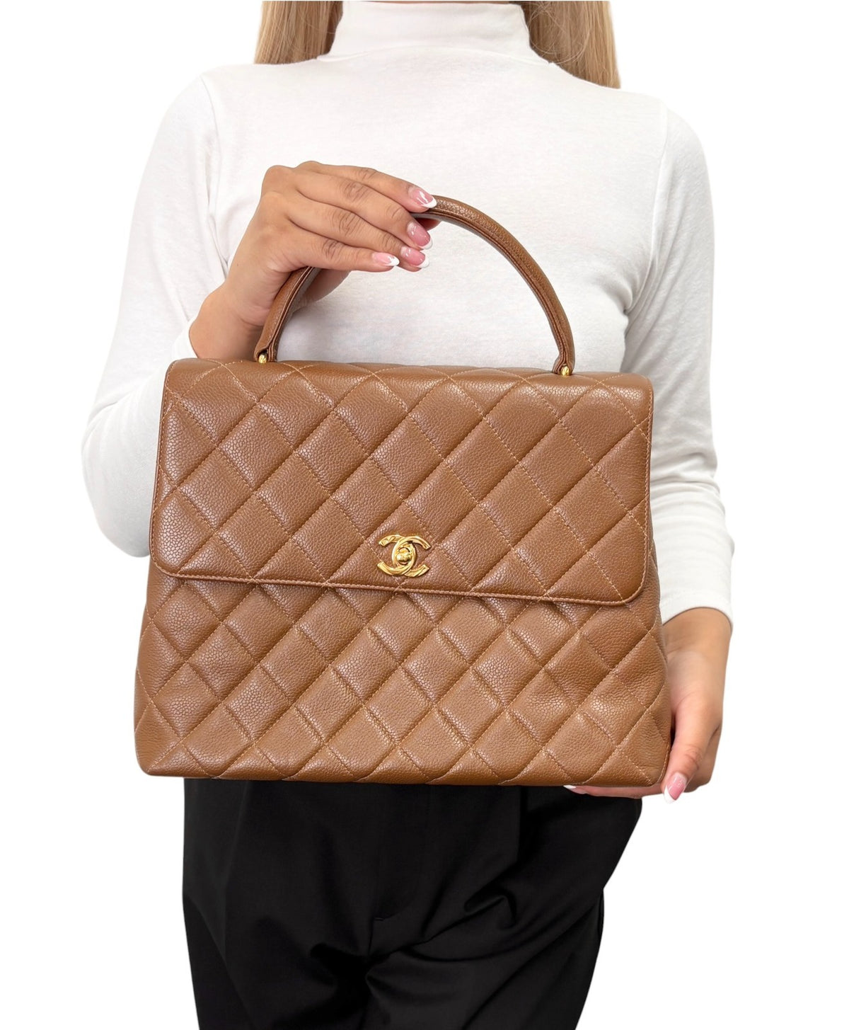 CHANEL Vintage CC Turnlock Quilted Top Handle Bag Brown Gold Leather 902334