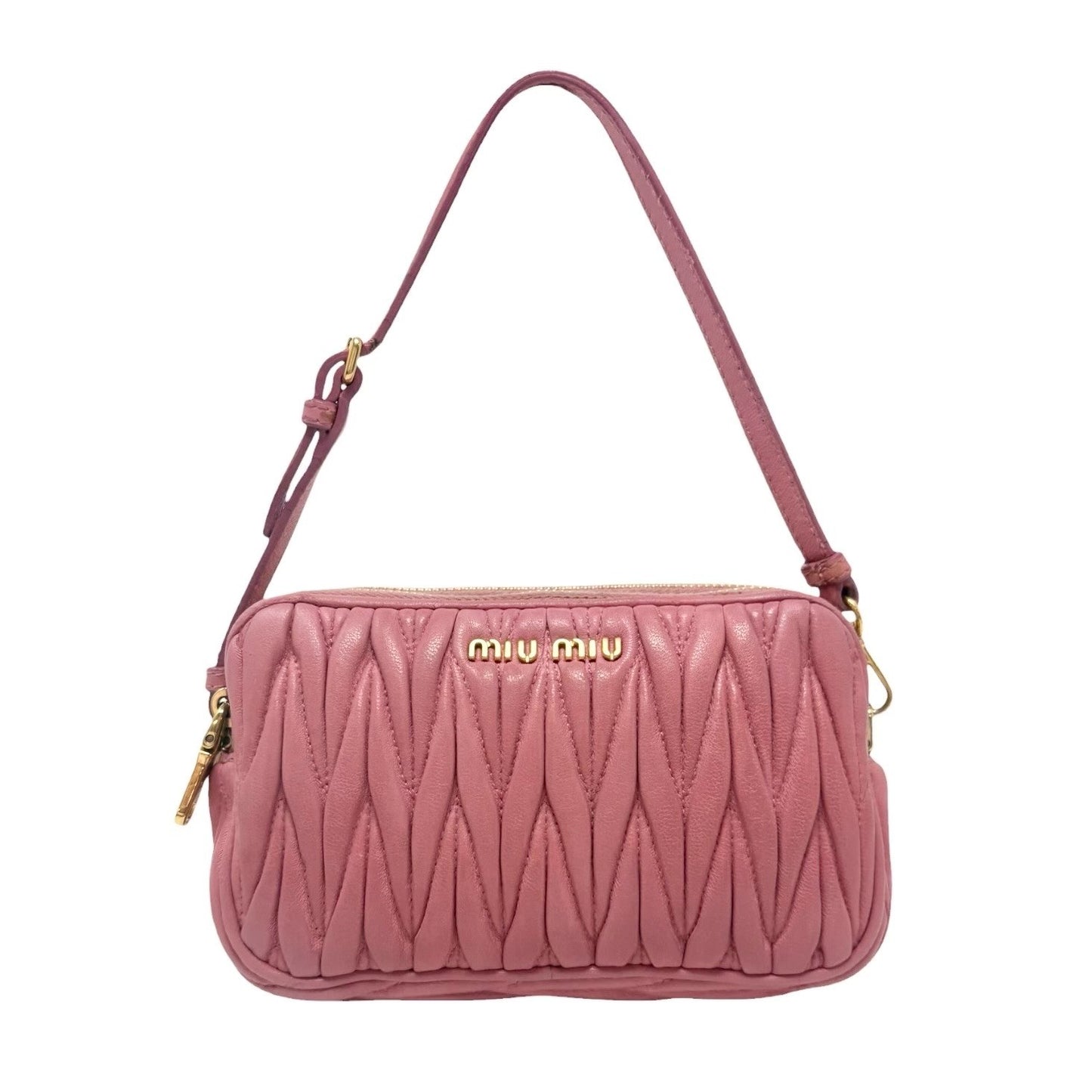 miu miu Vintage Logo Matelasse Leather Mini Double Zip Bag Pink Gold 902277