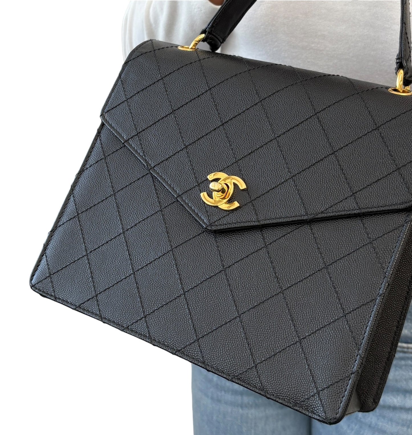 CHANEL Vintage CC Logo Turnlock Quilted Top Handle Bag Black Gold Leather