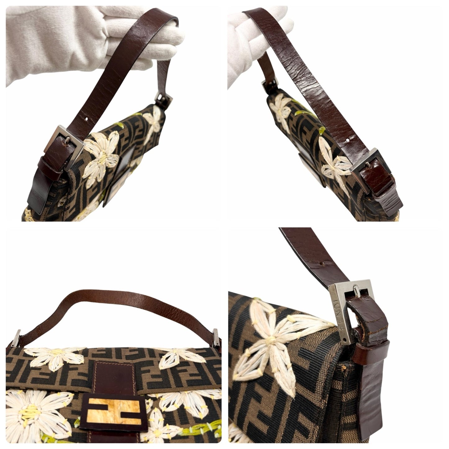 FENDI Vintage FF Zucca Mamma Baguette Shoulder Bag Flower Brown Canvas 902041