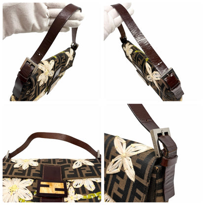 FENDI Vintage FF Zucca Mamma Baguette Shoulder Bag Flower Brown Canvas 902041