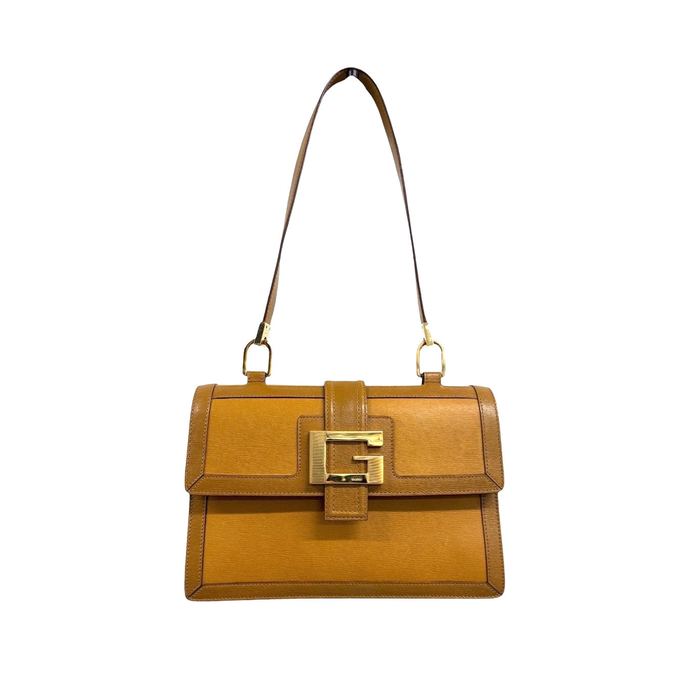 GUCCI Vintage G Square Logo Shoulder Bag Brown Camel Gold Leather Rectangle