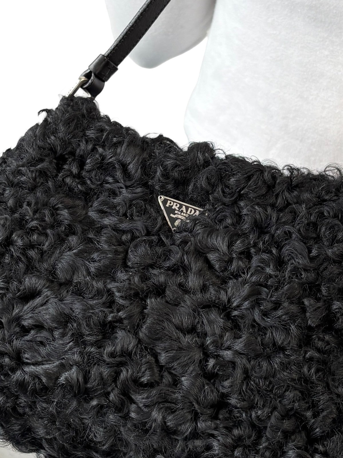 PRADA Vintage Triangle Logo Plate Curly  Mini Shoulder Bag Black Silver