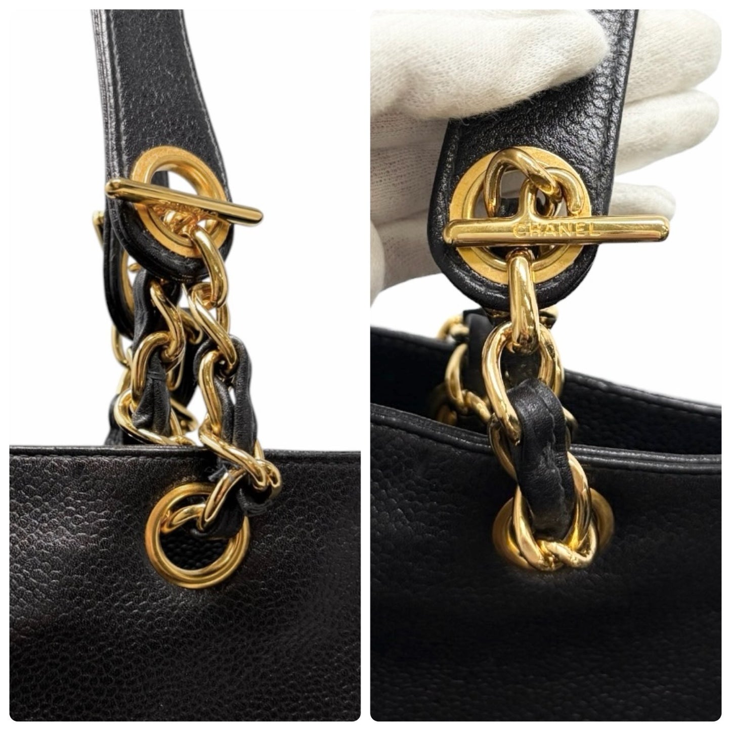CHANEL Vintage Bic CC Logo Chain Shoulder Tote Bag Black Gold Leather 902079