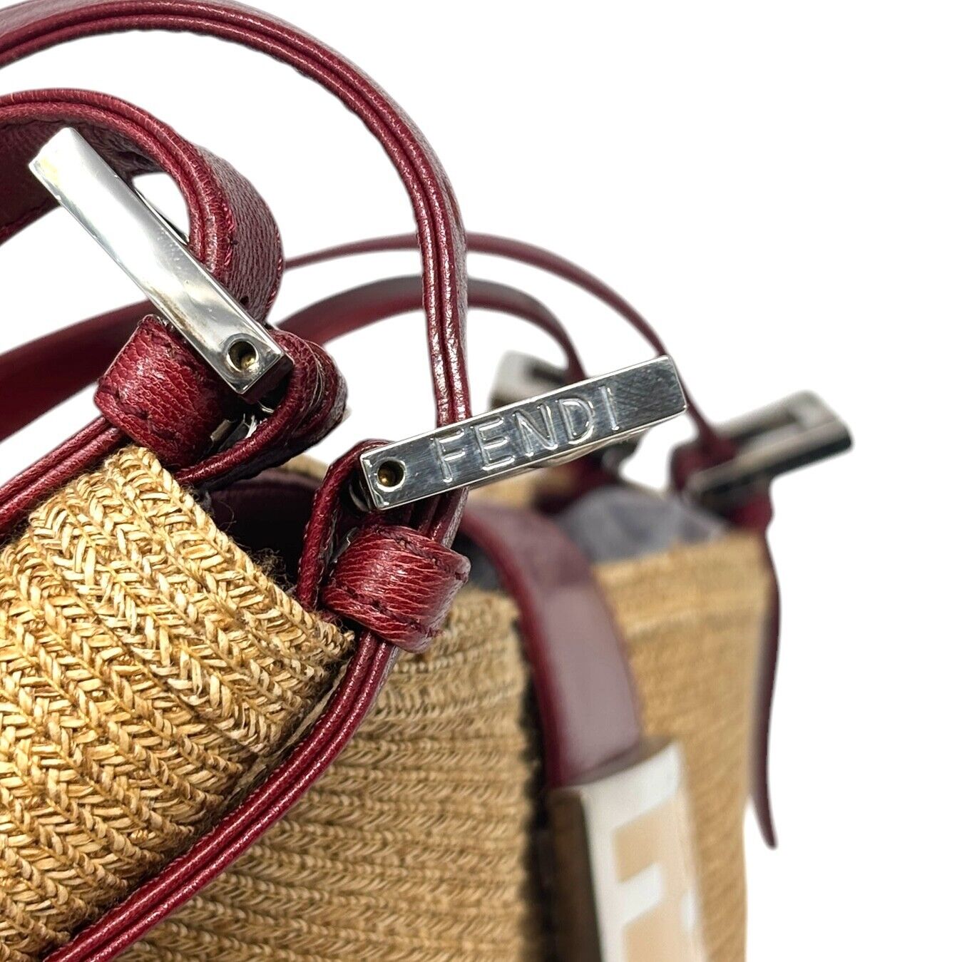 FENDI Vintage Logo Mamma Baguette Shoulder Bag Straw Raffia Red Leather