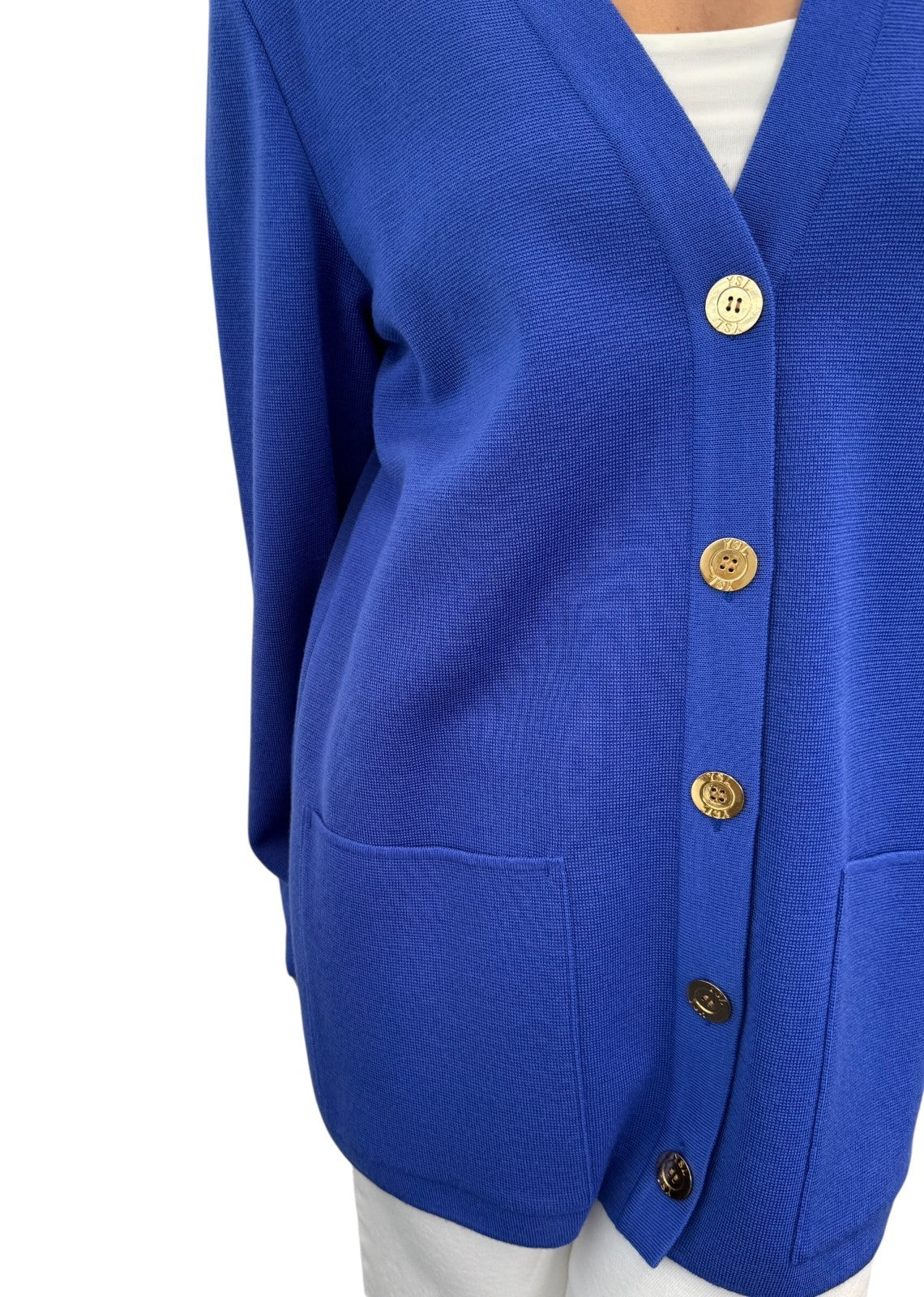 Yves Saint Laurent Vintage YSL Logo Cardigan Top Sweater #M Button Blue